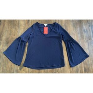 Evereve Braeve Marina Ruffle Top Boho V-Neck Bell Sleeves Navy Made in USA Sz M